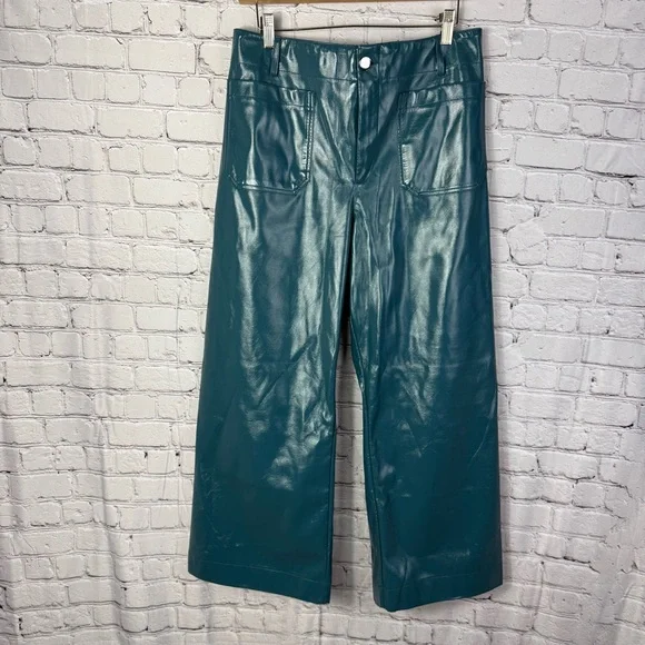 Anthropologie Colette Faux Patent Leather Wide-Leg Pants Teal Size 32 - Picture 2 of 9